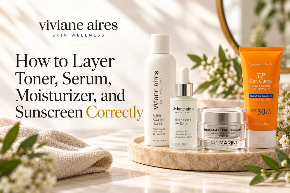 Toner serum moisturizer and sunscreen arranged in the correct skincare routine order